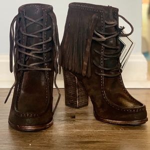 New Frye "Parker" Fringed Heel Bootie in Chocolate - 6.5M